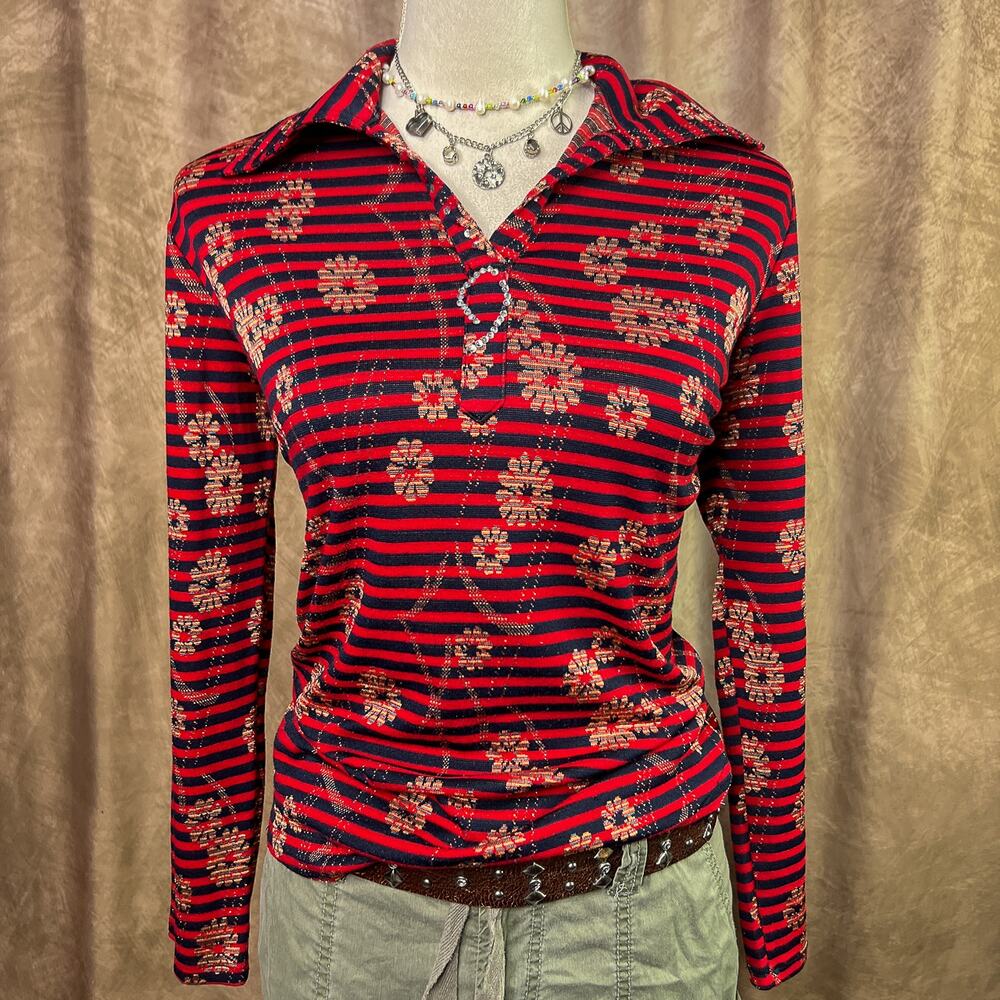 Vintage Euro Top 90s Floral Print Striped Long Sleeve Shirt Rhinestone Y2K Boho